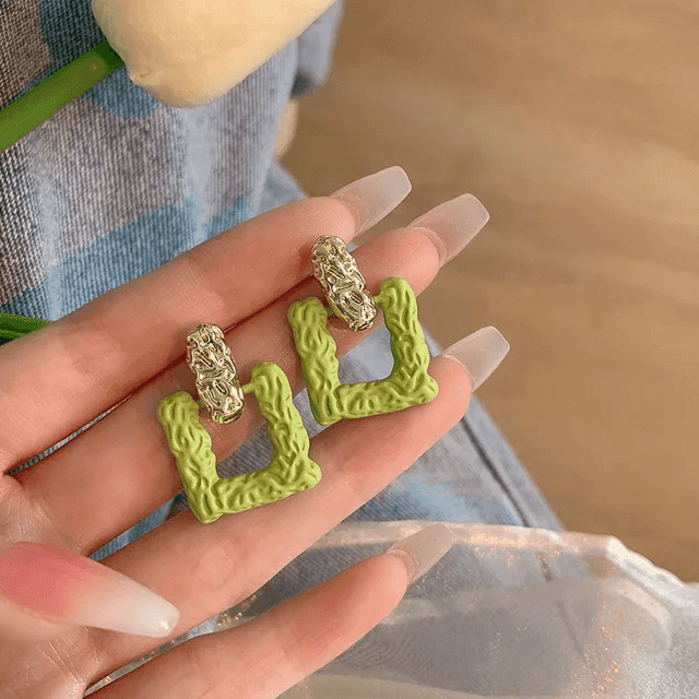 Green Geometric Drop Earrings - Berry Pop Co