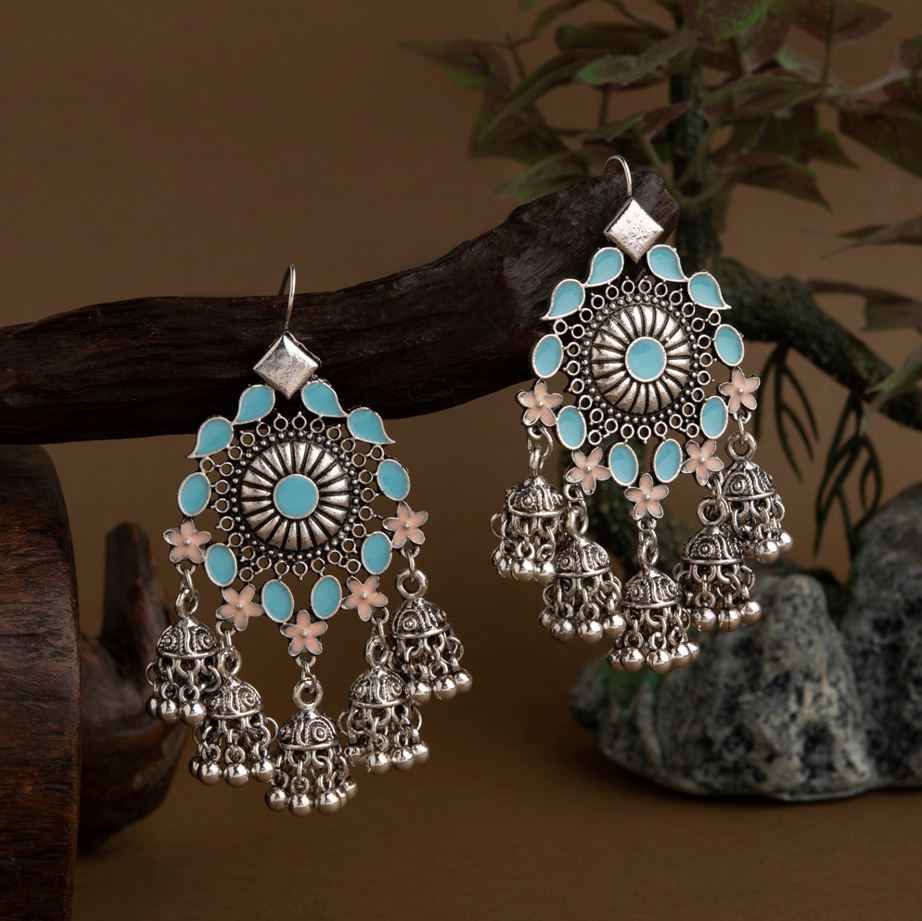 Peach Sea Green Silver Jhumka