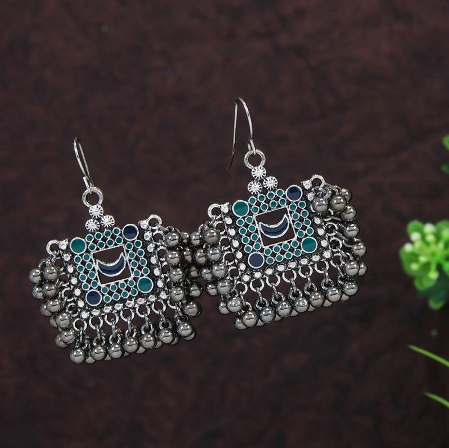 Silver Square Shape Beads Drop Earrings