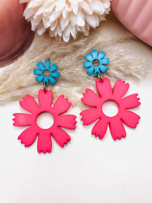 Quirky Pink Blue Flower Earrings - Berry Pop Co