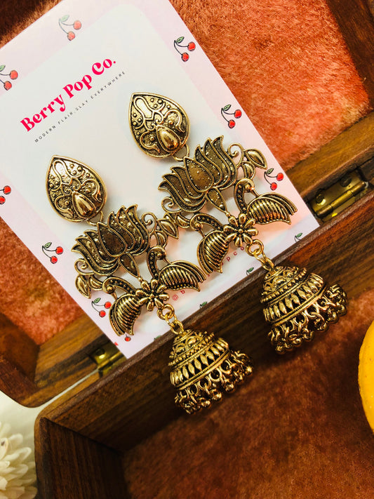 Lotus Antique Gold Jhumka Earrings