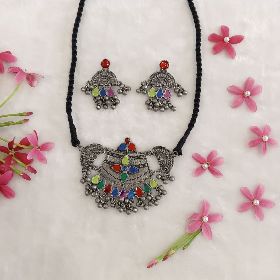 Oxidised With Mirror Multicolour Choker Necklace Set