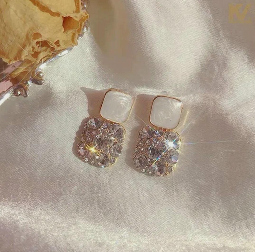 Korean White Square Crystal Earrings - Berry Pop Co