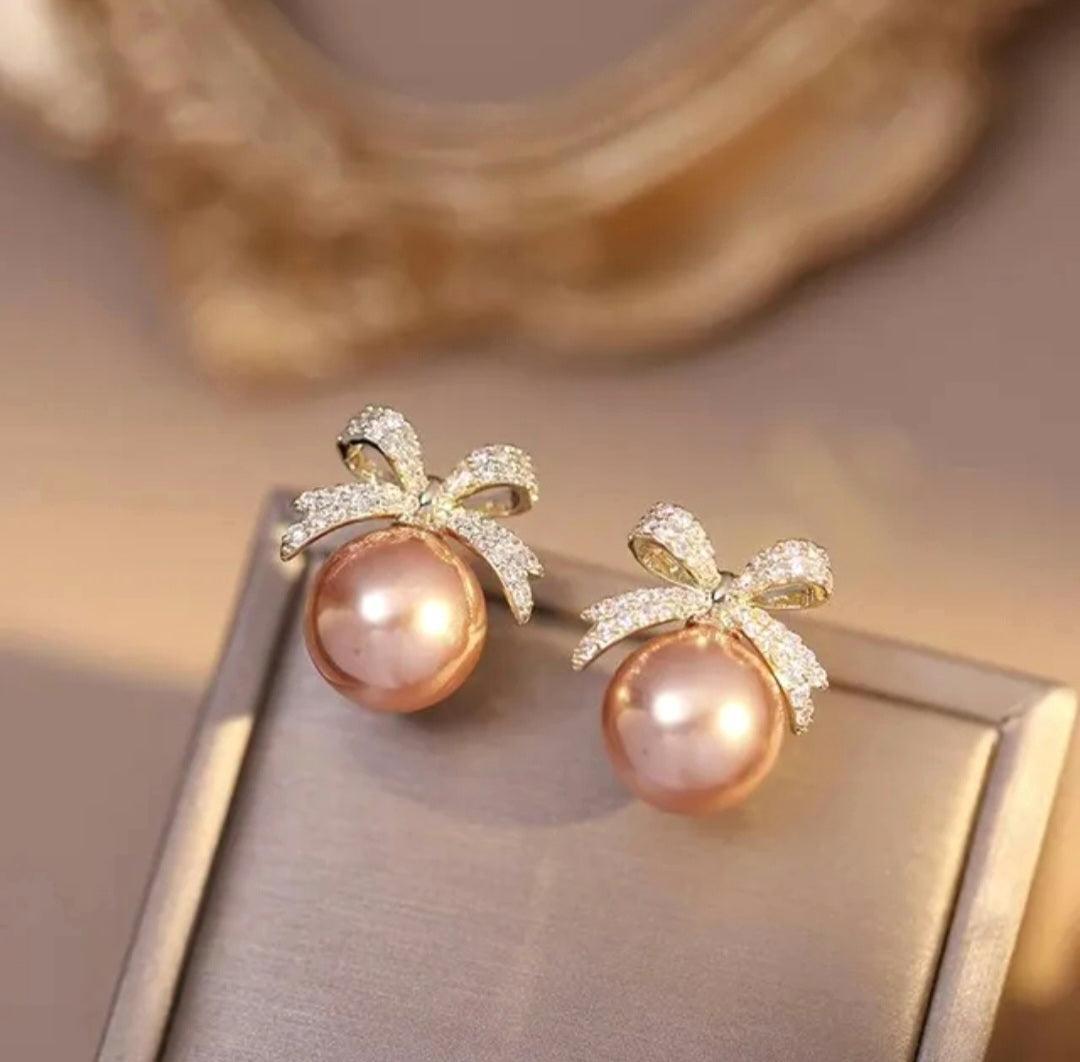 Bow Flash Dimond Pearl Earrings - Berry Pop Co