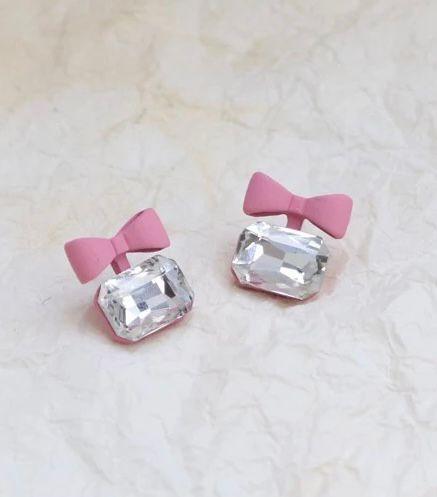 Pink Bow Crystal Stone Stud Earrings - Berry Pop Co